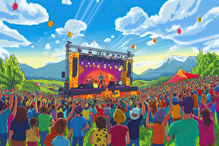 Festival atmosphere with diverse crowds and live band performancesの素材