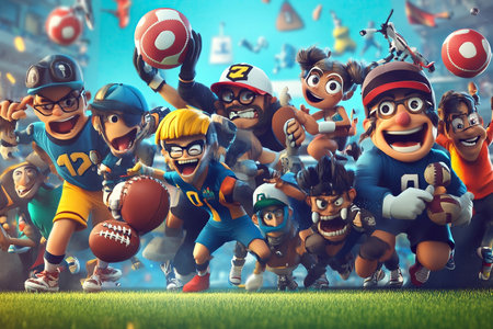 Group of american football players in action. 3D rendering.の素材