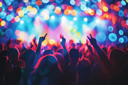 Crowd at a concert with hands raised up at a music festivalの素材