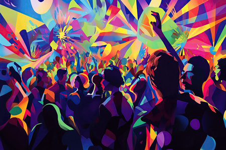 Energetic rave with swirling shapes and kaleidoscopic atmosphereの素材