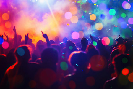 Kaleidoscopic lights and dynamic dancers in a euphoric raveの素材