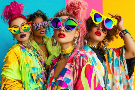 fashionable african american girls in colorful clothes and sunglasses on colorful backgroundの素材