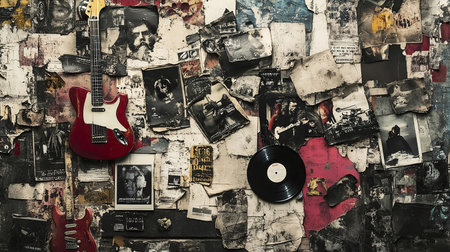 Grunge music background with old vinyl records and electric guitar.の素材