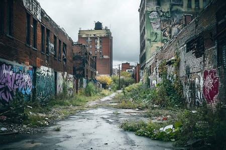 Abandoned urban area with graffiti on walls. Urban decay.の素材