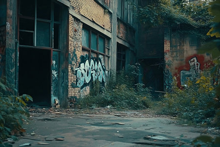 Gritty urban decay with crumbling buildings and graffiti-covered wallsの素材