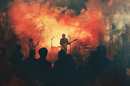 Rock band playing on stage. Colorful smoke and fire background.の素材