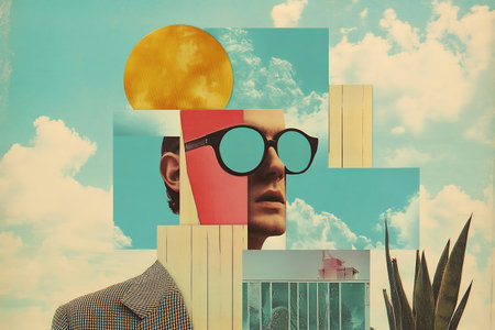 Double exposure of businessman with glasses against blue sky and sun in the cloudsの素材