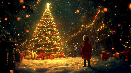Little girl in a red coat with a Christmas tree in the background.の素材
