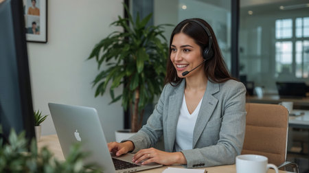 A woman working on a laptop in an officeの素材