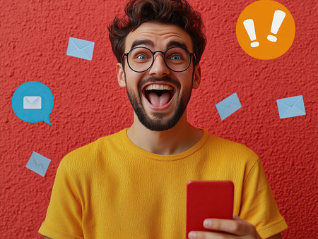 Cheerful young man in eyeglasses holding smartphone and looking at cameraの素材
