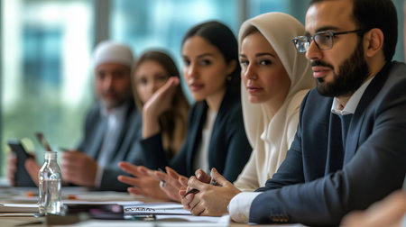 Group of multiethnic business people sitting at table in conference roomの素材