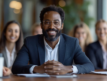 Smiling african american businessman in eyeglasses sitting at table in office and looking at camera. Cheerful diverse businesspeople sitting at table in conference room. Teamwork conceptの素材