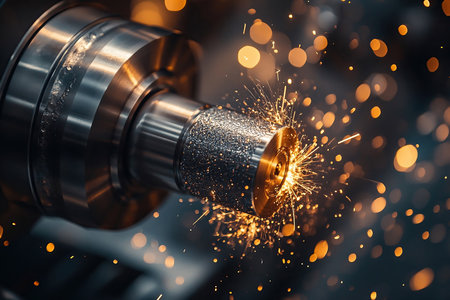 The CNC lathe machine cutting the metal with sparks. The hi-precision CNC machining concept.の素材