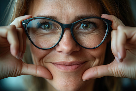 Closeup portrait of beautiful woman with eyeglasses looking at cameraの素材