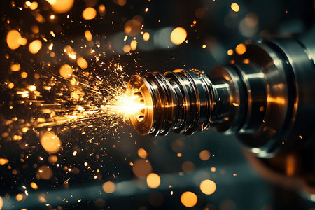 Industrial CNC milling machine cutting metal with sparks, close upの素材