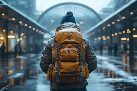 A man with a backpack on his back is standing in the city.の素材