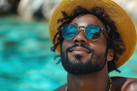 Handsome african american man in straw hat and sunglasses posing near swimming poolの素材