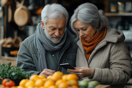 happy senior couple using smartphone while shopping together in kitchen at Christmasの素材