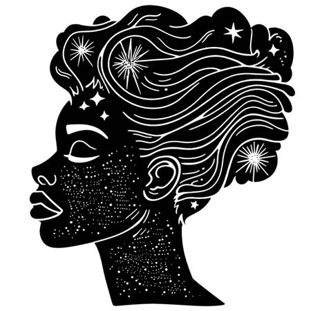 Black and white vector illustration of a beautiful African American woman in profile.の素材