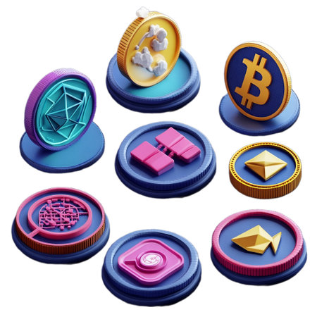 Cryptocurrency coins set. 3d illustration isolated on transparent backgroundの素材