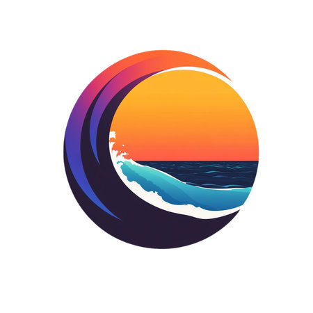 Sunset on the sea with waves isolated on transparent background. illustration in a flat styleの素材