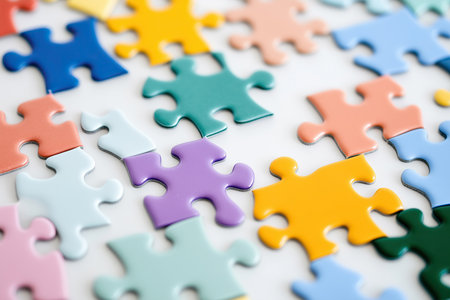 Colorful jigsaw puzzle pieces on white background, shallow depth of fieldの素材