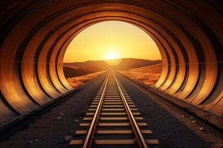Railway tunnel at sunset. Concept of travel and adventure.の素材