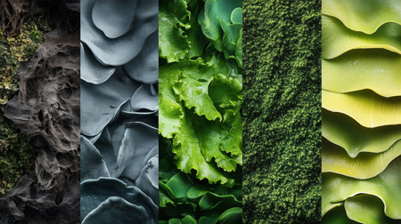 Collage of different types of green salad, close-up.の素材