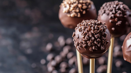 Chocolate candies with nuts on a stick on a dark backgroundの素材