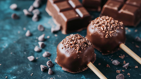 Homemade chocolate candies on a stick on a blue background.の素材