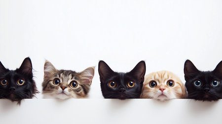Group of kittens peeking out from behind a white blank banner.の素材