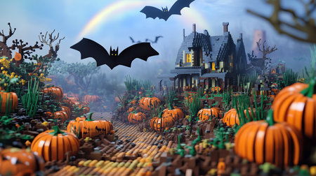 Halloween castle with pumpkins and bats. 3D illustration.の素材
