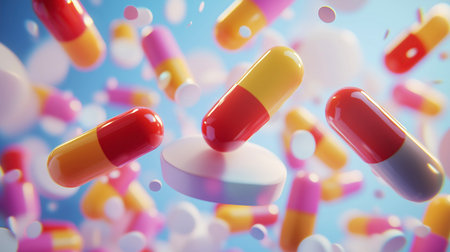 Pills falling on blue background. 3d rendering, 3d illustration.の素材