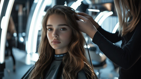 Professional hairdresser working with beautiful young woman in beauty salonの素材