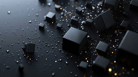 Abstract 3d rendering of black cubes on dark background. Futuristic background design.の素材