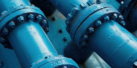 Industrial pipelines and valves close-up. Blue toned.の素材