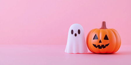 Halloween pumpkin and ghost on pink background with copy space for textの素材