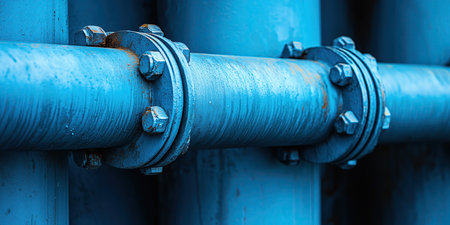 Pipes and valves in blue color, close-up photo.の素材