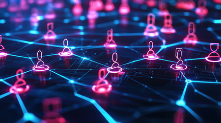 3d rendering of social network structure with people icons on blue backgroundの素材