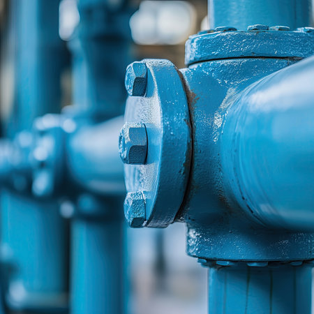 Close up of blue industrial pipelines and valves. Blue toned.の素材