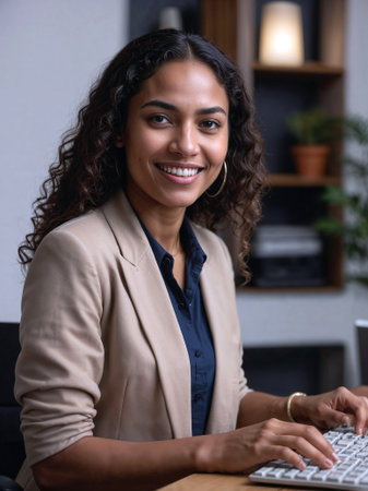 Young professional woman typing at her desk smilingの素材