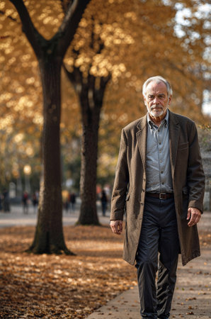 Elderly man walking through an autumn parkの素材