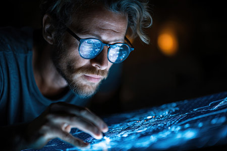Focused engineer working on glowing circuit boardの素材