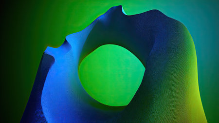 3d render of abstract geometric shape made of blue and green neon lightsの素材