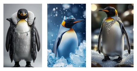 Set of penguins in the snow, Christmas and New Year isolated on transparent background.の素材