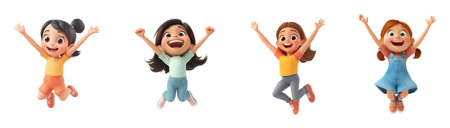 Cheerful little girls jumping isolated on transparent background. 3d renderingの素材
