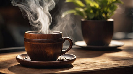 Coffee cup with steam on wooden table in coffee shop.の素材