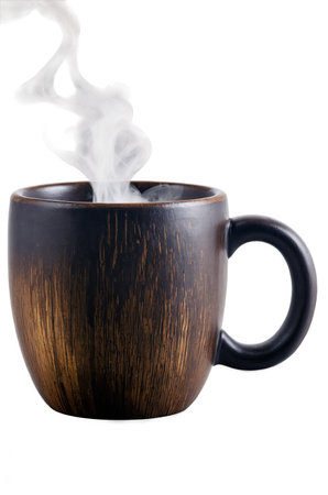 Steaming wooden mug with handle on transparent backgroundの素材