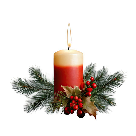 Red candle with pine sprig on transparent backgroundの素材