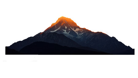 Sunlit mountain peak silhouette on transparent backgroundの素材